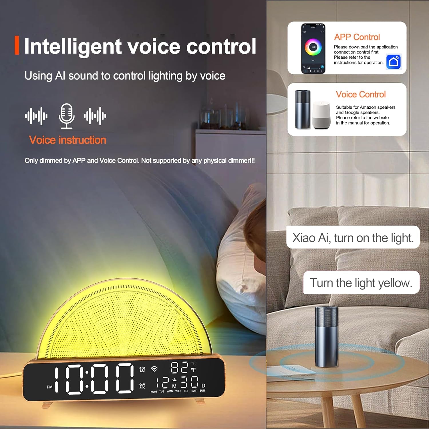Sunrise Alarm Clocks White Noise Sound Machine for Bedrooms, Wood Grain Base Wake up Light Alarm Clock with 13 Soothing Sounds & 8 Color Night Lights for Baby/Adults/Kids（With APP