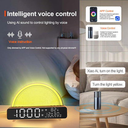 Sunrise Alarm Clocks White Noise Sound Machine for Bedrooms, Wood Grain Base Wake up Light Alarm Clock with 13 Soothing Sounds & 8 Color Night Lights for Baby/Adults/Kids（With APP