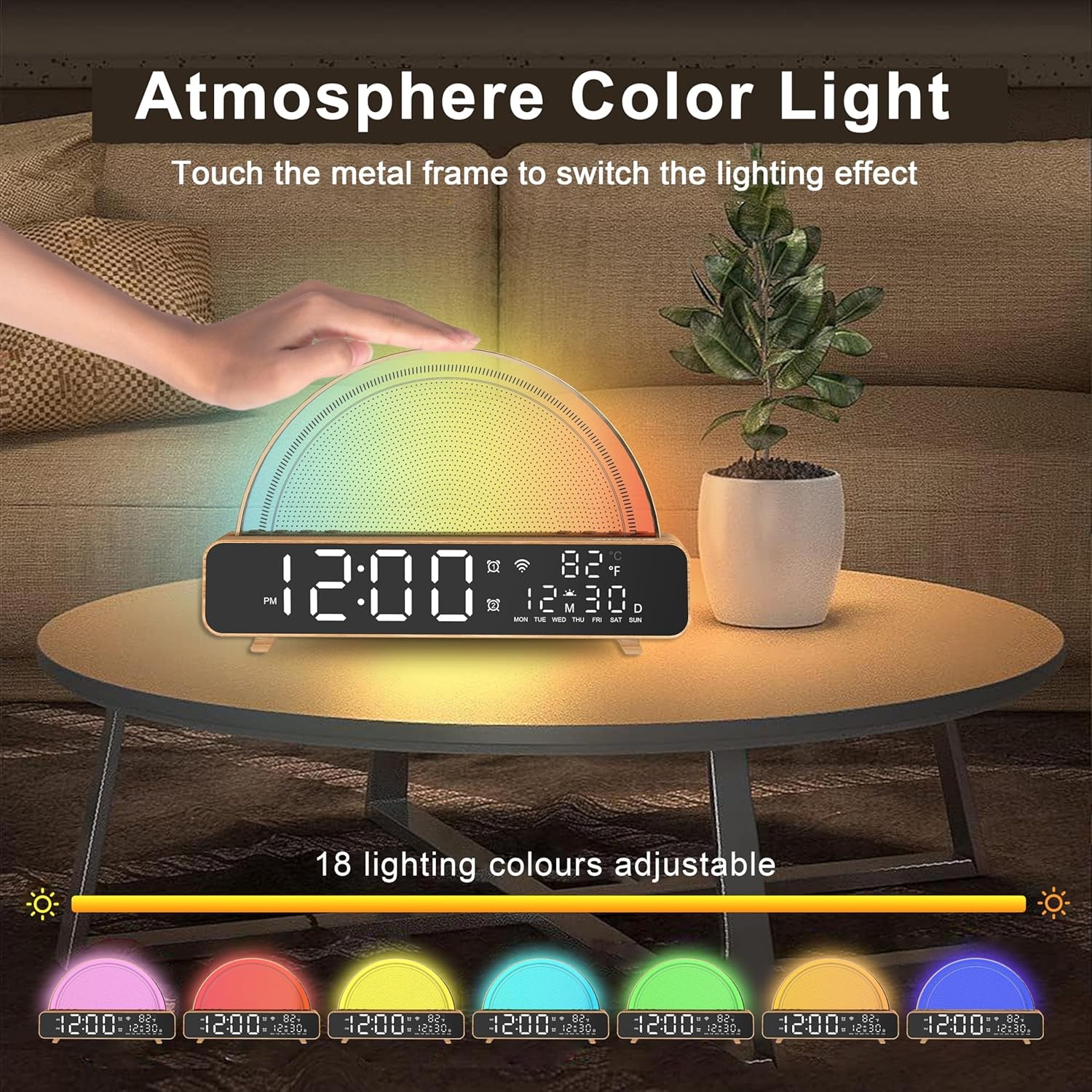 Sunrise Alarm Clocks White Noise Sound Machine for Bedrooms, Wood Grain Base Wake up Light Alarm Clock with 13 Soothing Sounds & 8 Color Night Lights for Baby/Adults/Kids（With APP