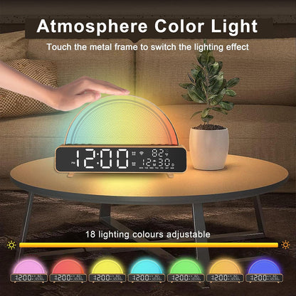 Sunrise Alarm Clocks White Noise Sound Machine for Bedrooms, Wood Grain Base Wake up Light Alarm Clock with 13 Soothing Sounds & 8 Color Night Lights for Baby/Adults/Kids（With APP