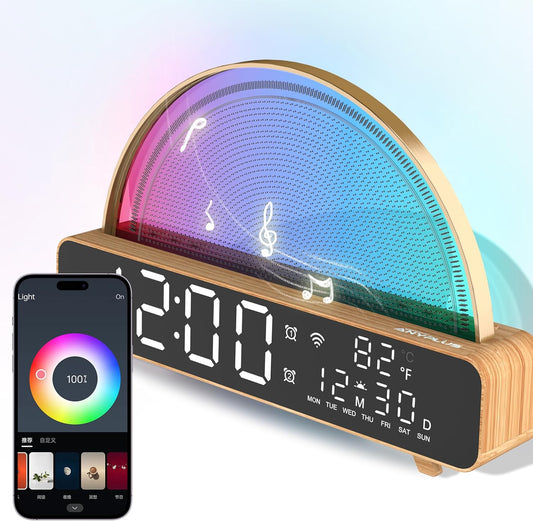Sunrise Alarm Clocks White Noise Sound Machine for Bedrooms, Wood Grain Base Wake up Light Alarm Clock with 13 Soothing Sounds & 8 Color Night Lights for Baby/Adults/Kids（With APP