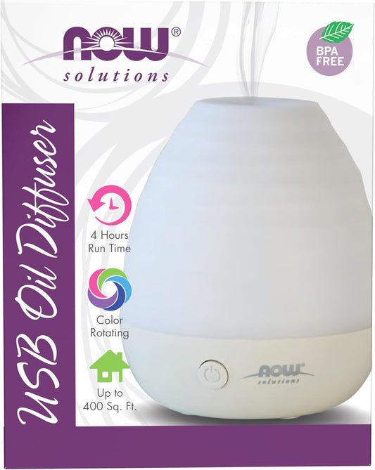 NOW Essential Oils, Ultrasonic USB Aromatherapy Oil Diffuser, Extremely Quiet, Heat Free, and Easy to Clean, Color Changing LED Diffuser