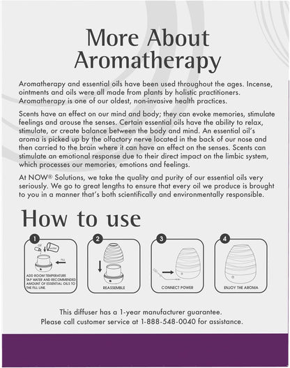 NOW Essential Oils, Ultrasonic USB Aromatherapy Oil Diffuser, Extremely Quiet, Heat Free, and Easy to Clean, Color Changing LED Diffuser