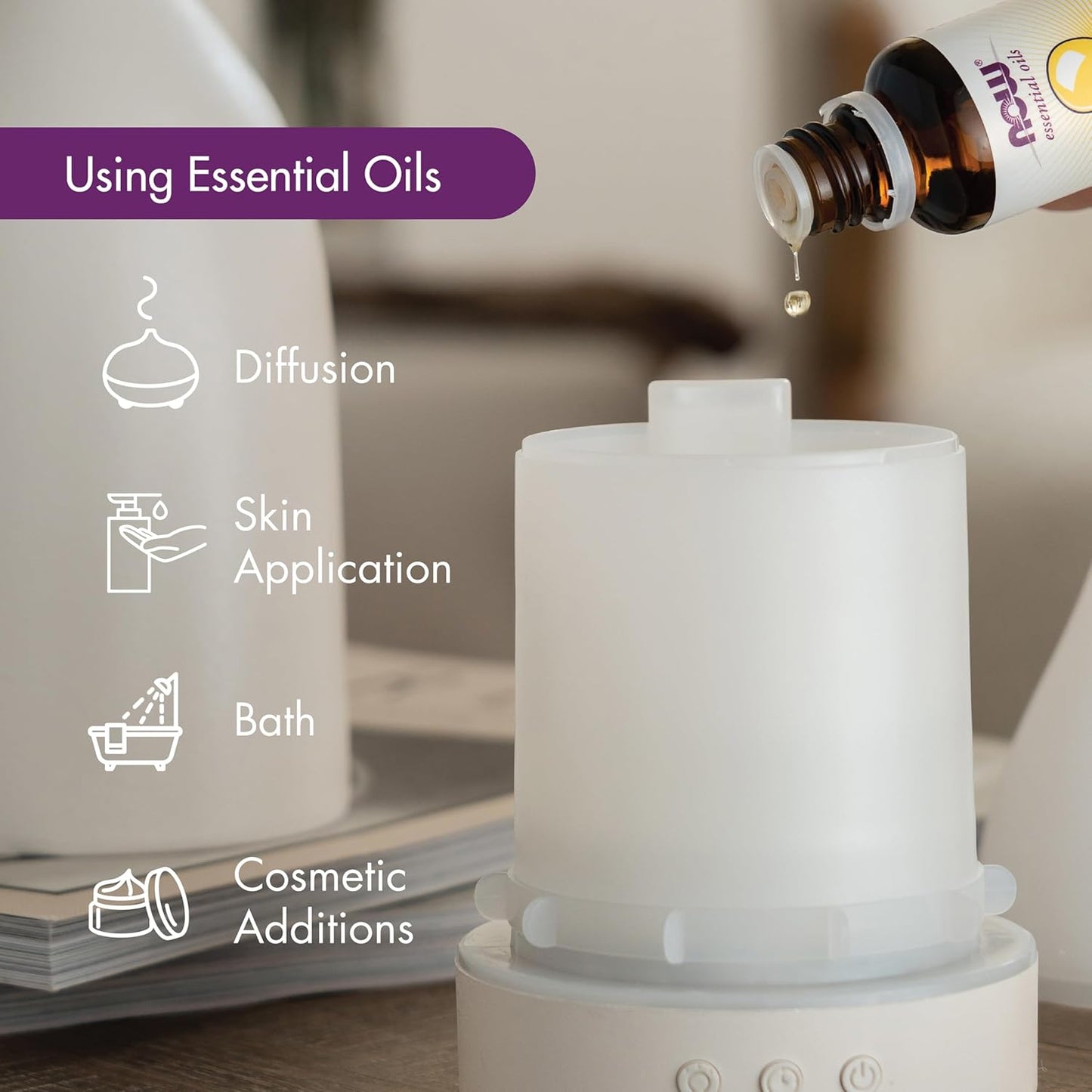 NOW Essential Oils, Ultrasonic USB Aromatherapy Oil Diffuser, Extremely Quiet, Heat Free, and Easy to Clean, Color Changing LED Diffuser