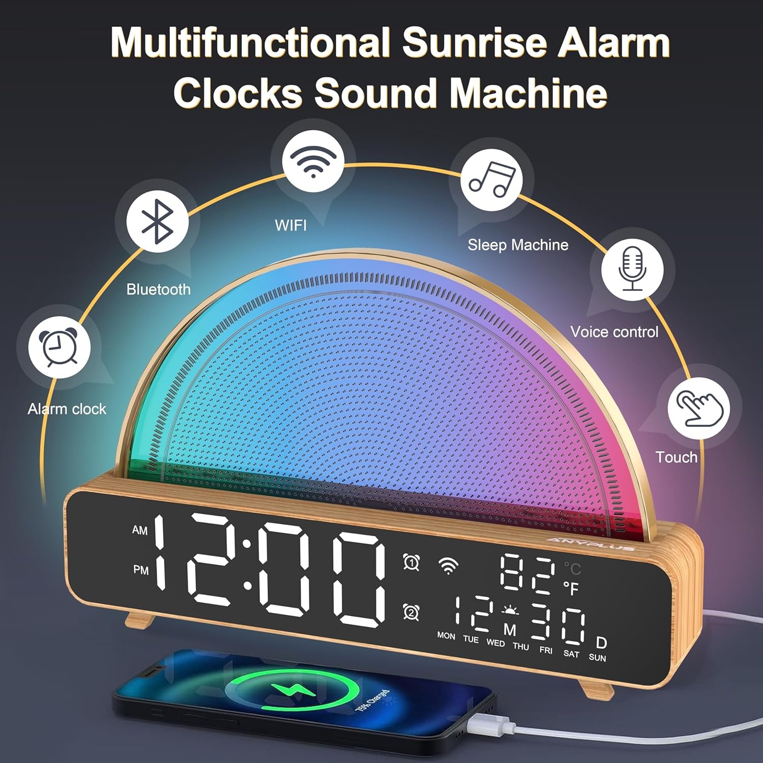 Sunrise Alarm Clocks White Noise Sound Machine for Bedrooms, Wood Grain Base Wake up Light Alarm Clock with 13 Soothing Sounds & 8 Color Night Lights for Baby/Adults/Kids（With APP