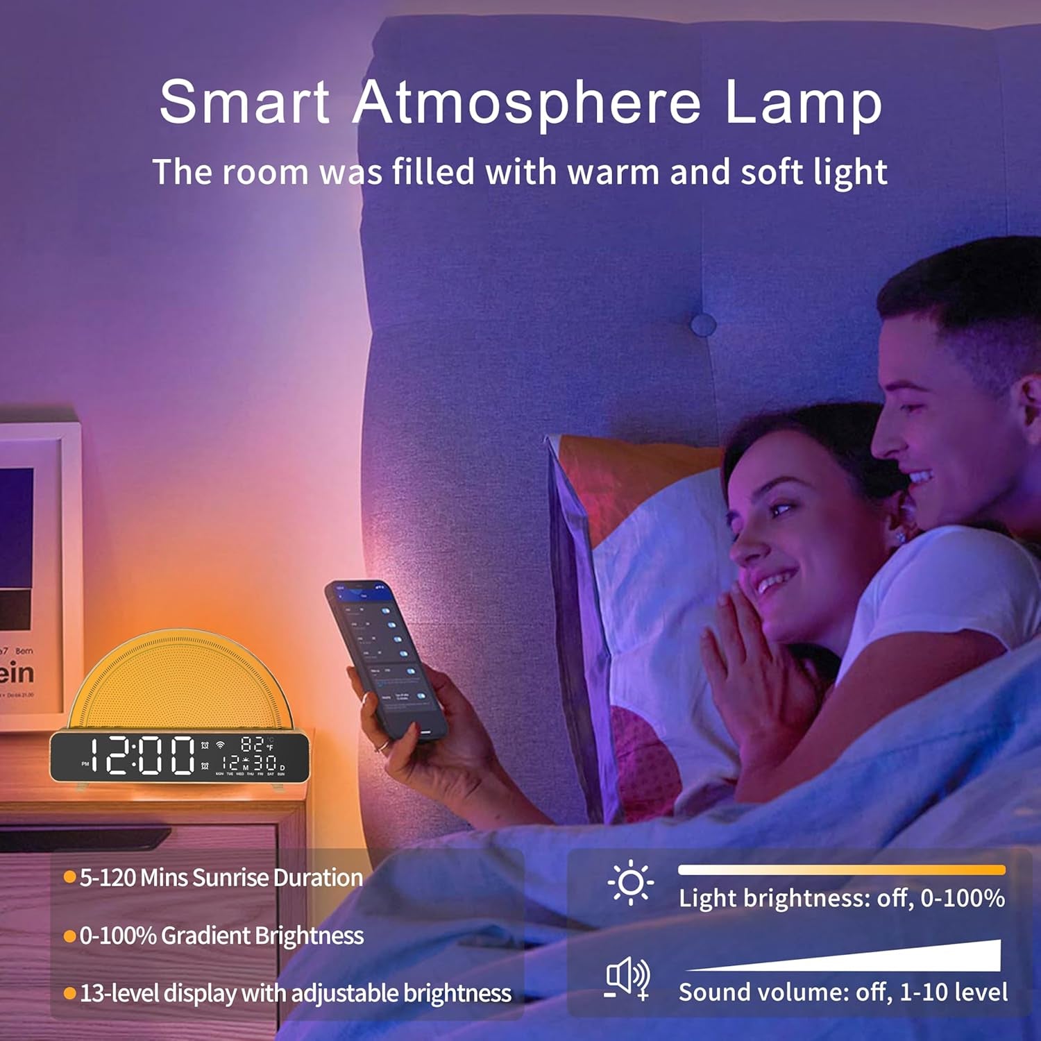 Sunrise Alarm Clocks White Noise Sound Machine for Bedrooms, Wood Grain Base Wake up Light Alarm Clock with 13 Soothing Sounds & 8 Color Night Lights for Baby/Adults/Kids（With APP