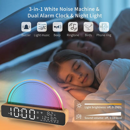 Sunrise Alarm Clocks White Noise Sound Machine for Bedrooms, Wood Grain Base Wake up Light Alarm Clock with 13 Soothing Sounds & 8 Color Night Lights for Baby/Adults/Kids（With APP