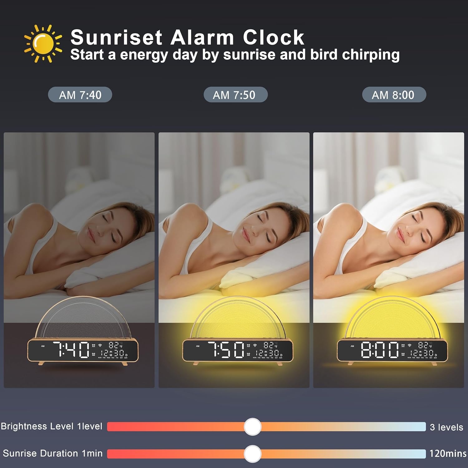 Sunrise Alarm Clocks White Noise Sound Machine for Bedrooms, Wood Grain Base Wake up Light Alarm Clock with 13 Soothing Sounds & 8 Color Night Lights for Baby/Adults/Kids（With APP