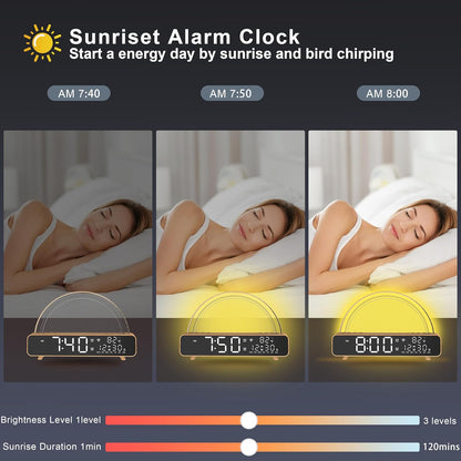 Sunrise Alarm Clocks White Noise Sound Machine for Bedrooms, Wood Grain Base Wake up Light Alarm Clock with 13 Soothing Sounds & 8 Color Night Lights for Baby/Adults/Kids（With APP